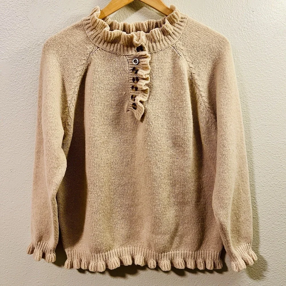 Ruffle Sweater Brown Quarter Button Up Details Cozy Cabin‎ Warm Women's Sz L